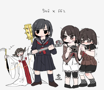 Rule 34 | > <, +++, 4girls, :t, :|, amakura mayu, amakura mio, an sin, arm up, artist name, asymmetrical dual wielding, bandaged leg, bandages, bare shoulders, black camisole, black eyes, black hair, black leggings, black sailor collar, black serafuku, black shirt, black shoes, black skirt, black socks, blood, bloody weapon, blush, brown camisole, brown hair, brown shirt, brown shoes, camera, camisole, camisole over clothes, chihaya (clothing), closed mouth, club, club (weapon), collarbone, copyright name, crossover, dual wielding, fatal frame, fatal frame ii: crimson butterfly, full body, grey background, grey socks, hakama, hakama skirt, hand up, hands up, highres, holding, holding camera, holding club, holding hands, holding lead pipe, holding weapon, igarashi sakuko, japanese clothes, kama (weapon), kanabou, kneehighs, lead pipe, leggings, long sleeves, looking at another, looking at viewer, looking to the side, midriff peek, miniskirt, mole, mole under mouth, multiple girls, neckerchief, nose blush, off-shoulder shirt, off shoulder, open clothes, open mouth, open robe, outstretched arms, pleated skirt, red hakama, red neckerchief, red ribbon, ribbon, robe, sailor collar, school uniform, serafuku, shimizu hinako, shirt, shoes, short hair, short twintails, siblings, sickle, silent hill (series), silent hill f, simple background, sisters, skirt, socks, solid eyes, standing, sweatdrop, tearing up, trembling, twins, twintails, twitter username, two-handed, v-shaped eyebrows, weapon, white robe, wide sleeves
