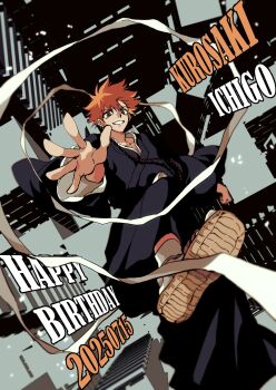 1boy black_kimono bleach brown_eyes character_name dated foot_out_of_frame hair_between_eyes happy_birthday highres japanese_clothes kimono kurosaki_ichigo male_focus n_ep_tune2 orange_hair outstretched_hand parted_lips sandals shihakusho short_hair smile solo spiked_hair tabi teeth