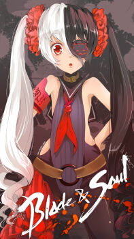 10s 1girl bad_anatomy bad_id bad_pixiv_id belt blade_&amp;_soul bodysuit copyright_name eyepatch female_focus hand_on_own_hip highres leotard long_hair mst1ng_(mauralau) multicolored_hair pohwaran quality red_eyes solo split-color_hair twintails two-tone_hair very_long_hair