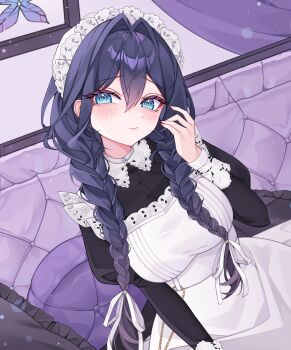 1girl absurdres apron black_dress black_hair blue_eyes braid breasts buttons closed_mouth dress hair_between_eyes hair_ribbon hat highres hololive hololive_english long_hair maid mob_cap official_alternate_costume ouro_kronii ouro_kronii_(maid) ribbon rinne_(rinne_oi) solo twin_braids virtual_youtuber white_apron white_hat white_ribbon