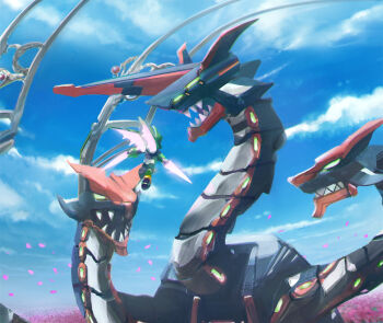 Rule 34 | armor, battle, byte (grunty-hag1), commentary request, dual wielding, energy sword, energy wings, green armor, green helmet, helmet, holding, holding sword, holding weapon, mechanical wings, mega man (series), mega man zx, mega man zx advent, midair, model h (mega man), multiple heads, non-humanoid robot, petals, pink petals, robot, robot dragon, sharp teeth, solo, sword, teeth, weapon, wings