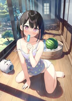 Rule 34 | 1girl, arm support, bare arms, bare legs, bare shoulders, black hair, blush, bra, bra strap, breasts, building, camisole, cleavage, collarbone, dappled sunlight, day, detexted, door, dot nose, food, food in mouth, fruit, grass, hair ornament, hair scrunchie, hand up, highres, holding, holding food, ice, incense burner, kantoku, kayari buta, looking at viewer, midriff, no pants, original, panties, pink eyes, popsicle, popsicle in mouth, scrunchie, shadow, shizuku (kantoku), short hair, side ponytail, sidelocks, sitting, small breasts, solo, strap slip, sunlight, third-party edit, toes, tree, underwear, wariza, watermelon, white bra, white panties, wooden floor