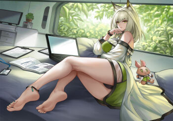 1girl animal_ear_fluff animal_ears anklet arknights bare_legs bare_shoulders barefoot black_panties computer disgust dress feet foot_focus green_dress green_eyes green_hair jewelry kacyu kal'tsit_(arknights) legs looking_at_viewer looking_back nail_polish no_shoes off-shoulder_dress off-shoulder_jacket off_shoulder panties pillow short_hair soles stuffed_animal stuffed_toy underwear