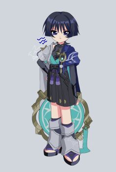1boy aqua_gemstone aqua_hat aqua_kimono armor arms_at_sides belt black_belt black_bodysuit black_bow black_bridal_gauntlets black_hair black_sandals black_shorts blue_cape blunt_ends bodysuit bow bridal_gauntlets cape clothing_cutout eyeliner eyeshadow feathers full_body gem genshin_impact gold grey_background hakama hakama_shorts hand_on_own_hip hat highres hip_vent holding holding_unworn_clothes holding_unworn_hat japanese_armor japanese_clothes jingasa juban kimono kote kurokote leg_warmers makeup male_focus mandarin_collar meppe_me open_clothes open_kimono open_mouth parody pleated_shorts pom_pom_(clothes) purple_eyes purple_rope purple_sash red_eyeliner red_eyeshadow rope sandals sash scaramouche_(genshin_impact) short_sleeves shorts shoulder_peek solo standing style_parody tassel toeless_legwear twitter_username unworn_hat unworn_headwear vision_(genshin_impact) wanderer_(genshin_impact) watermark white_kimono white_leg_warmers white_sleeves white_trim wispy_bangs yellow_feathers zouri
