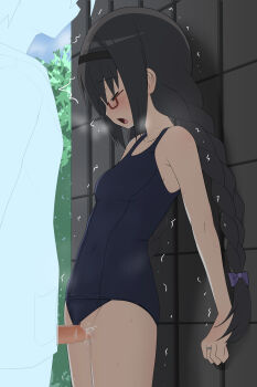 1boy 1girl against_wall akemi_homura black_hair black_hairband blush bow braid breath censored clothed_sex clothing_aside cum cum_in_pussy drooling faceless faceless_male from_side glasses hair_bow hairband height_difference hetero highres jewelry loli long_hair mahou_shoujo_madoka_magica mosaic_censoring one-piece_swimsuit open_mouth outdoors penis public_indecency purple_bow pussy pussy_juice ring rusyoukei school_swimsuit sex sidelocks standing standing_sex sweat swimsuit swimsuit_aside third-party_edit tongue trembling twintails vaginal
