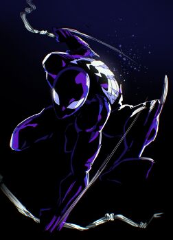 1boy absurdres animal_print black_background black_bodysuit black_theme bodysuit gradient_background highres isaacchief300 male_focus marvel mask motion_lines muscular muscular_male silk solo spider-man spider-man_(series) spider_print spider_web superhero_costume symbiote
