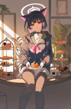 Rule 34 | 1girl, absurdres, animal ears, ankry, artist name, black choker, black hair, black jacket, black pantyhose, blue archive, cake, cake slice, cat choker, cat ears, cat girl, choker, closed mouth, colored inner hair, commentary request, cup, cupcake, dessert, donut, extra ears, feet out of frame, food, food request, green sailor collar, hair ornament, hairclip, halo, highres, holding, holding plate, hood, hooded jacket, ice cream, indoors, jacket, kazusa (blue archive), looking at viewer, macaron, mug, multicolored hair, neckerchief, on table, pantyhose, pastry, pink hair, pink halo, pink neckerchief, plant, plate, pleated skirt, potted plant, red eyes, sailor collar, short hair, sitting, skirt, smile, solo, sunlight, swiss roll, table, textless version, tiered tray, two-tone hair, white skirt