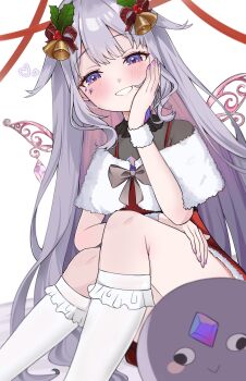 Rule 34 | 1girl, absurdres, bell, bow, capelet, castellayaki, colored inner hair, commentary, dot nose, english commentary, frills, fur trim, hair between eyes, hair ornament, hand jewel, heart, highres, hololive, hololive english, jewel under eye, koseki bijou, light blush, long hair, looking at viewer, multicolored hair, nail polish, open mouth, pebble (koseki bijou), pink hair, purple eyes, purple hair, purple nails, simple background, teeth, virtual youtuber