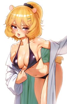 1girl absurdres animal_ears armpits ass bikini black_bikini breasts cleavage eimi_isami hair_ornament hamster_ears hamster_girl highres open_mouth phase_connect pink_eyes ponytail short_ponytail sussynano sweat swimsuit tail teasing thighs tongue tongue_out virtual_youtuber white_background