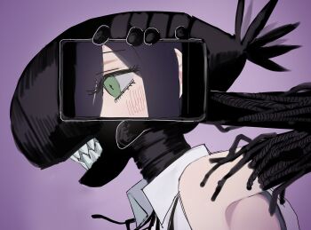 1girl aze_chainsawman bare_shoulders black_ribbon blush bomb bomb_devil_(chainsaw_man) chainsaw_man collared_shirt dual_persona explosive green_eyes hair_between_eyes holding holding_phone neck_ribbon phone purple_background purple_hair reze_(chainsaw_man) ribbon sharp_teeth shirt sleeveless sleeveless_shirt teeth upper_body white_shirt