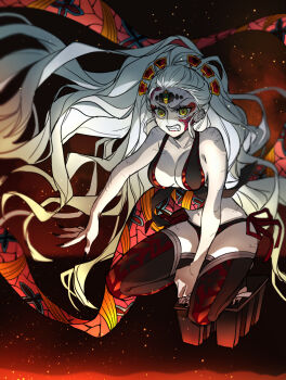 Rule 34 | 1girl, black panties, black thighhighs, breasts, cleavage, daki (kimetsu no yaiba), embers, floating hair, goshiko86g, gradient hair, green eyes, green hair, kimetsu no yaiba, large breasts, long hair, multicolored hair, panties, ponytail, solo, thighhighs, third eye, underwear, white hair