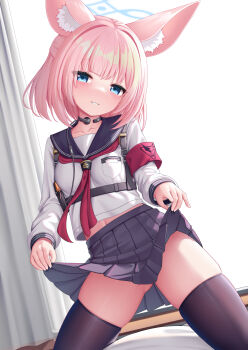 1girl absurdres amsxure animal_ear_fluff animal_ears armband black_sailor_collar black_skirt black_thighhighs blue_archive blue_eyes blue_halo clothes_lift commentary_request fox_ears fox_girl halo highres lifting_own_clothes long_sleeves looking_at_viewer medium_hair miniskirt navel neckerchief niko_(blue_archive) pink_hair pleated_skirt red_armband red_neckerchief sailor_collar school_uniform serafuku skirt skirt_lift smile solo tactical_school_uniform thighhighs throat_microphone variant_set