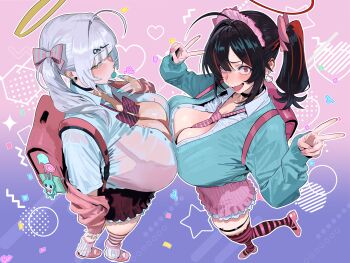 2girls abstract_background absurdres ahoge backpack bag black_choker black_hair blue_nails blue_shirt blush bra breast_press breasts choker cleavage double_v ear_piercing expressionless eyelashes female_focus fisheye food_in_mouth from_above gradient_background gyaru hair_ribbon half-closed_eyes halo hello_kitty highres hintobento huge_breasts large_breasts leg_up long_hair long_sleeves looking_at_viewer loose_socks mole mole_on_breast multicolored_hair multiple_girls open_mouth piercing pink_bra pink_eyes pink_nails pink_ribbon pink_shoes pink_skirt popsicle popsicle_in_mouth red_bag red_eyes red_hair red_halo ribbon sanrio school_uniform see-through_clothes see-through_shirt shiny_skin shirt shoes skirt smile socks stuffed_toy twintails two-tone_hair underwear v wavy_hair white_hair yellow_background yellow_halo yixuan_(zenless_zone_zero) zenless_zone_zero zhu_yuan