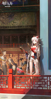 Rule 34 | 2boys, 2girls, architecture, arknights, bandeau, book, bracelet, chinese commentary, coat, commentary request, copyright name, copyright notice, crop top, crossed legs, dragon girl, dragon horns, dragon tail, earrings, east asian architecture, full body, highres, holding, holding book, horns, jacket, jewelry, leg tattoo, long hair, midriff, multicolored hair, multiple boys, multiple girls, navel, nian (arknights), official art, open clothes, open jacket, purple eyes, red bandeau, red hair, red tube top, shoes, shorts, standing, strapless, streaked hair, tail, tattoo, tube top, walking, white hair, white jacket, white shoes