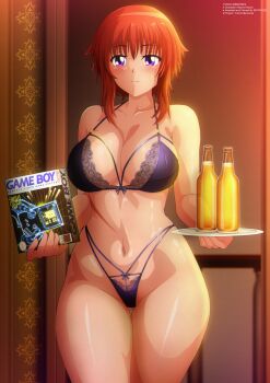 Rule 34 | 1girl, alcohol, blush, bottle, bow, bow bra, bow panties, box, bra, breasts, champagne, champagne bottle, cleavage, collarbone, doorway, drink, floral print, game boy, game boy (original), handheld game console, highleg, highleg panties, holding, holding box, holding tray, lace, lace-trimmed bra, lace-trimmed panties, lace trim, large breasts, looking at viewer, naomi kokoro, navel, nintendo, original, panties, print bra, print panties, purple bow, purple bra, purple eyes, purple panties, red hair, short hair, smile, standing, table, tray, underwear, yukino memories, zel-sama