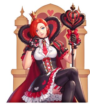 1girl blue_eyes breasts cape chair corset crossed_legs curvy dress female_focus gloves heart highres huge_breasts large_breasts looking_at_viewer queen red_hair short_hair sitting skirt socks staff the_king_of_fighters thick_thighs thighs throne vanessa_(kof) wide_hips wonderland