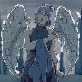 1girl bare_shoulders breasts eyeshadow face_piercing falling_paper grey_pants hair_bun jewelry konan_(naruto) large_breasts lip_piercing makeup medium_hair midriff_peek nail_polish naruto_(series) naruto_shippuuden pants parted_bangs parted_lips piercing purple_eyeshadow purple_hair rain red_nails ring shirt sitting sleeveless sleeveless_shirt solo updo uri_geikon wet wings yellow_eyes