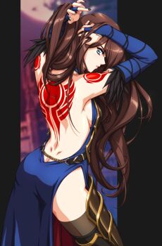 1990s_(style) 1girl adjusting_hair armor armored_boots arms_behind_head arms_up ass back_tattoo backless_outfit bare_back bare_shoulders blue_bridal_gauntlets blue_eyes boots breastplate breasts bridal_gauntlets brown_hair butt_crack castlevania:_order_of_ecclesia castlevania_(series) dimples_of_venus dress faulds from_behind hair_lift hand_in_own_hair hands_in_own_hair holding_own_hair long_hair looking_back retro_artstyle shanoa_(castlevania) shoulder_tattoo side_slit sirknightbot solo tattoo thigh_boots thighhighs very_long_hair