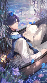 Rule 34 | 1boy, absurdres, animal, animal on head, bird, bird on head, blue bird, blue eyes, blue scarf, bluebell (flower), boat, clarence clayden, closed mouth, curtained hair, elbow rest, eyewear strap, feet out of frame, flower, from side, glasses, hair between eyes, highres, holding, holding paper, iris (flower), knee up, lantern, lily pad, long sleeves, looking at viewer, looking to the side, lovebrush chronicles, male focus, medium hair, mole, mole under eye, official art, on boat, on head, pants, paper, pink flower, plant, pond, purple flower, ripples, scarf, senryoko, shirt, sitting, smile, solo, sparkle, turtleneck, turtleneck shirt, undershirt, water, water lily flower, watercraft, white pants, white shirt, willow