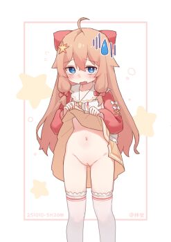 1girl absurdres blue_eyes blush bow check_copyright copyright_request embarrassed fang feet_out_of_frame gluteal_fold hair_bow hair_flaps hair_ornament highres kizuna_sora loli long_hair looking_at_viewer navel no_panties open_mouth orange_hair orange_skirt original presenting_pussy pussy red_bow red_shirt shirt sidelocks skirt skirt_hold solo star_(symbol) star_hair_ornament stomach sweatdrop thighhighs white_background white_thighhighs