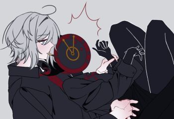 2girls black_shirt black_skin black_skirt blue_eyes clock collared_shirt colored_skin dante_(limbus_company) faust_(project_moon) fire genderswap genderswap_(otf) grey_background knees_up limbus_company long_sleeves multiple_girls necktie project_moon red_necktie rodionlotte shirt short_hair simple_background skirt white_hair