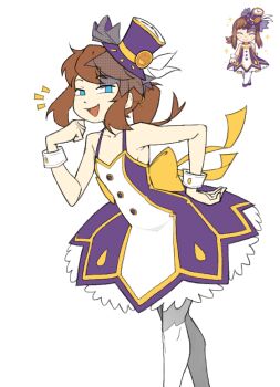 1girl a_hat_in_time alternate_costume back_bow bare_shoulders blue_eyes bow brown_hair buttoned_cuffs buttons cakehcr collarbone commentary dress english_commentary feet_out_of_frame flat_color fujimna hair_tie hat hat_kid hat_ribbon looking_at_viewer mini_hat mini_top_hat notice_lines open_mouth pantyhose ponytail purple_dress purple_hat purple_shoes reference_inset ribbon shoes sidelocks spaghetti_strap top_hat white_background white_dress white_pantyhose white_wrist_cuffs wrist_cuffs yellow_bow yellow_ribbon