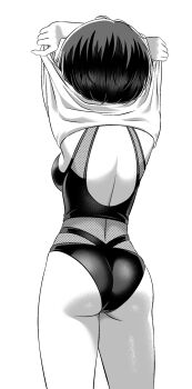 1girl ass breasts casual_one-piece_swimsuit clothes_lift commentary cowboy_shot english_commentary facing_away from_behind greyscale highres large_breasts leo_queval lifting_own_clothes median_furrow monochrome one-piece_swimsuit shirt_lift simple_background solo standing swimsuit umi_and_iris umi_shimizu undressing
