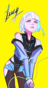 1girl absurdres cd_projekt_red cyberpunk cyberpunk_(series) cyberpunk_2077 cyberpunk:_edgerunners highres holding lucy_(cyberpunk) make neon_lights original retro_artstyle shirt short_hair solo standing tflop_(tea_flop) upper_body yellow_background