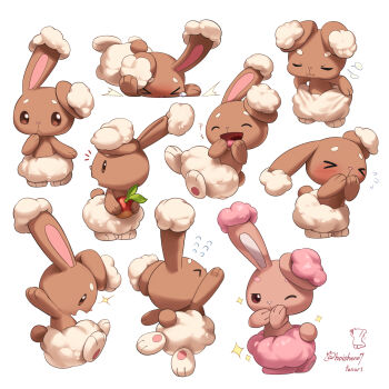 >_< ^_^ absurdres alternate_color art_study berry_(pokemon) blush buneary closed_eyes closed_mouth commentary covering_own_mouth english_commentary faceplant falling food gen_4_pokemon highres hoishere7 holding holding_food leppa_berry looking_back multiple_expressions multiple_views nintendo no_humans notice_lines open_mouth pink_fur pokemon pokemon_(creature) pokemon_focus red_eyes shiny_pokemon signature star_(symbol) tripping white_fur