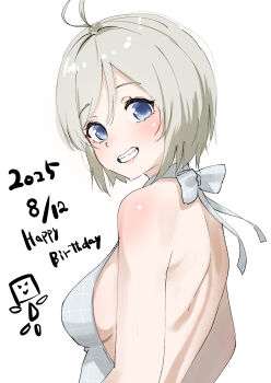 .live 1girl absurdres antenna_hair backless_outfit blonde_hair blue_eyes breasts commentary_request dated dennou_shoujo_siro from_side grin hair_intakes halterneck happy_birthday highres looking_at_viewer medium_breasts shoulder_blades sideboob smile solo tama_(tamago) upper_body virtual_youtuber