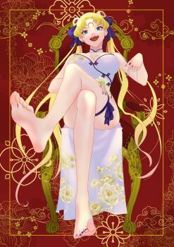 1girl absurdres alternate_costume bare_shoulders barefoot bishoujo_senshi_sailor_moon black_moon_clan breasts china_dress chinese_clothes cleavage commission corruption dark_persona dress highres nail_polish open_mouth pixiv_commission pointing pointing_down smile solo toenail_polish toenails tsukino_usagi vuipui white_dress