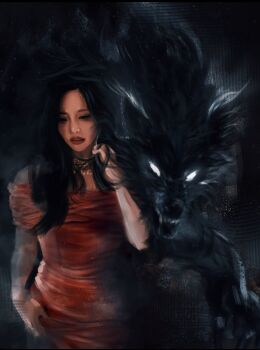 1girl animal artskiddy69 black_eyes black_hair crossover dress glowing glowing_eyes highres jewelry long_hair miina_(tengoku_daimakyou) necklace red_dress red_lips serious shadow_slave twice_(group) upper_body wolf