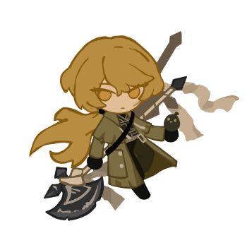 1boy a_certain_sinclair_(project_moon) axe black_gloves black_pants blonde_hair capelet chibi coat commentary gloves green_capelet green_coat halberd highres holding holding_axe limbus_company long_hair looking_at_viewer low_ponytail mysopheia pants polearm ponytail project_moon simple_background sinclair_(project_moon) solo sword sword_on_back symbol-only_commentary very_long_hair weapon weapon_on_back white_background yellow_eyes