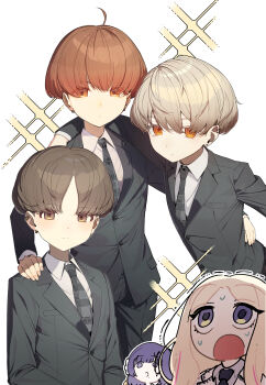 Rule 34 | 5girls, absurdres, alternate hairstyle, arm around shoulder, arm on another's shoulder, blonde hair, bocchi the rock!, brown eyes, brown hair, character request, commentary request, formal clothes, gakuen idolmaster, hanami ume, highres, idolmaster, inoshishi969, kuramoto china, matching outfits, multiple girls, necktie, orange eyes, parody, purple eyes, purple hair, shinosawa hiro, suit