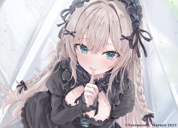 Rule 34 | 1girl, :d, aqua eyes, artist name, black dress, black hairband, black ribbon, blonde hair, blush, braid, breasts, character request, commentary request, copyright notice, copyright request, dress, finger to mouth, frilled hairband, frills, hair ribbon, hairband, highres, index finger raised, indoors, long hair, looking at viewer, maruro, medium breasts, official art, open mouth, ribbon, second-party source, shushing, smile, solo, twin braids