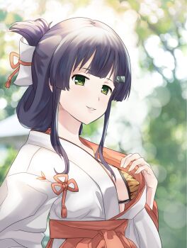 Rule 34 | 1girl, animal print, bikini, blurry, blurry background, breasts, commentary request, flashing, folded ponytail, green eyes, hair ornament, hakama, highres, japanese clothes, kimono, large breasts, long hair, long sleeves, looking at viewer, mashitono desu, miko, parted lips, print bikini, purple hair, red hakama, sidelocks, smile, solo, swimsuit, tiger print, tiger stripes, toji no miko, white kimono, wide sleeves, yanase mai