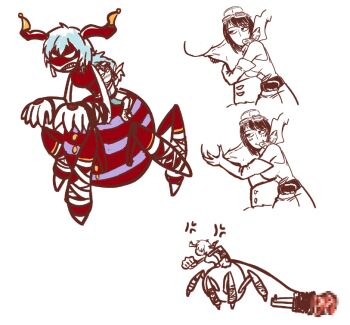 Rule 34 | 2girls, archnemon, arthropod girl, bare shoulders, blood, blood on face, breasts, censored, chibi, cowboy shot, digimon, digimon story: time stranger, disgust, dress, elbow gloves, enodgmxa, female pervert, gameplay mechanics, gloves, goggles, goggles on head, grabbing another's breast, green dress, green hat, groping, hat, highres, horns, hug, injury, insect girl, large breasts, looking at another, multiple girls, pervert, pun, red scarf, restrained, riding digimon, scarf, sharp teeth, short dress, short hair, silk, simple background, spider girl, spider web, teeth, walking, white background, white dress, white gloves, wide hips, yuuki kanan