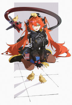 1girl 1other ammunition animal animal_on_head asymmetrical_gloves baby_animal bird black_hat black_horns black_shoes black_shrug chick dragon_girl dragon_horns dress fingerless_gloves gloves green_eyes gun hands_on_floor hat highres horns magus_(zenless_zone_zero) mechanical_horns mechanical_tail messy_hair mismatched_gloves on_floor on_head one_eye_closed open_mouth orange_hair orange_pupils orphie_magnusson postalworks shoes shrug_(clothing) single_fingerless_glove sitting smile tail thigh_strap thighhighs wariza weapon yellow_gloves zenless_zone_zero zipper_dress