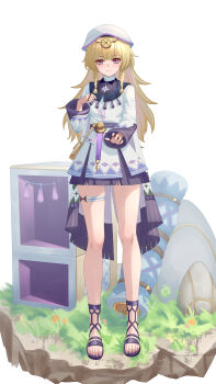 Rule 34 | 1girl, absurdres, blonde hair, blue eyes, braid, closed mouth, commentary request, diorama, dongyun hua, dress, headdress, highres, long hair, long sleeves, looking at viewer, low twin braids, multicolored eyes, outstretched arm, purple eyes, sandals, simple background, smile, solo, standing, toes, twin braids, two-tone eyes, white background, white dress, wuthering waves, zahira (wuthering waves)