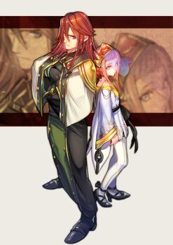 1boy 1girl absurdres back-to-back black_bow black_gloves black_pants black_sash black_shirt black_shoes blue_eyes blue_veil blunt_bangs bow capelet closed_mouth different_zoom_layer elizabeth_o_antikythira full_body gloves hair_between_eyes height_difference high_heels highres it&#039;s_my_life_(narita_imomushi) jewelry kyuss_arnold_sevenfold long_hair looking_to_the_side narita_imomushi necklace official_art pants pelvic_curtain pink_hair red_hair sash shirt shoes short_hair sideways_glance standing tight_clothes tight_pants tunic veil white_capelet white_pants white_sleeves white_tunic zoom_layer