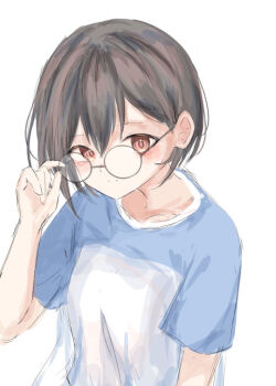 1girl adjusting_eyewear bang_dream! bang_dream!_it&#039;s_mygo!!!!! bespectacled brown_eyes closed_mouth commentary glasses grey_hair latte_bf round_eyewear shirt short_hair short_sleeves solo takamatsu_tomori upper_body white_shirt