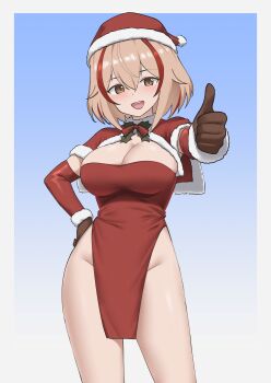 1girl absurdres azur_lane blonde_hair bow breasts capelet cleavage commentary detached_sleeves dot_nose dress english_commentary fur-trimmed_capelet fur-trimmed_headwear fur_trim gloves gradient_background hair_between_eyes hat highres large_breasts looking_at_viewer multicolored_hair open_mouth parallelrey pelvic_curtain red_capelet red_dress red_hair red_hat roon_(azur_lane) santa_hat simple_background teeth thick_thighs thighs thumbs_up upper_teeth_only yellow_eyes
