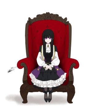 1girl armchair black_hair chair commentary_request dress frilled_dress frills full_body highres long_hair long_sleeves looking_at_viewer original puffy_long_sleeves puffy_sleeves purple_dress purple_eyes simple_background sitting solo tiger_subaru white_background
