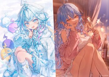 2girls :d ahoge blue_eyes blue_hair blue_skirt blunt_bangs breasts champagne_flute cleavage commentary_request copyright_name cranee crossed_bangs cup day double-parted_bangs dress drinking_glass earmuffs fur_jacket fur_leg_warmers hair_between_eyes hair_flaps hair_intakes hair_ornament hair_over_shoulder heart heart_ahoge holding holding_cup hololive hololive_dev_is indoors jacket knees_up large_breasts leg_warmers lightning_ahoge long_hair looking_at_viewer miniskirt mizumiya_su multicolored_hair multiple_girls night official_art open_mouth outdoors pink_jacket pink_streaks pleated_skirt pointy_ears pom_pom_(clothes) pom_pom_hair_ornament shoes short_dress sidelocks single_off_shoulder sitting skirt smile snow split_screen streaked_hair sweater very_long_hair virtual_youtuber white_dress white_jacket white_leg_warmers white_shoes white_sweater yellow_eyes yukihana_lamy