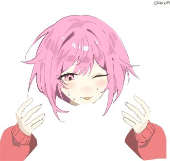 Rule 34 | 2girls, blush, cunnilingus, female pov, highres, meme, multiple girls, negative space cunnilingus (meme), one eye closed, ootori emu, oral, pink eyes, pink hair, pov, project sekai, solo focus, sweat, tongue, tongue out, twitter username, yuri, ziuk39