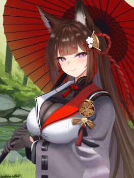 1girl absurdres amagi_(azur_lane) amagi_(cv)_(azur_lane) animal_ear_fluff animal_ears artist_name azur_lane black_gloves blunt_bangs blush bodystocking breasts brown_bodystocking brown_hair cleavage closed_mouth commentary day eyeliner flower fox_ears fox_girl gloves grass hair_ornament highres hikimayu holding holding_umbrella large_breasts long_hair looking_at_viewer makeup nobukusa0209 oil-paper_umbrella outdoors pond purple_eyes red_eyeliner rock sakura_empire_(emblem) shirt sidelocks smile solo thick_eyebrows tree umbrella upper_body water white_shirt wide_sleeves
