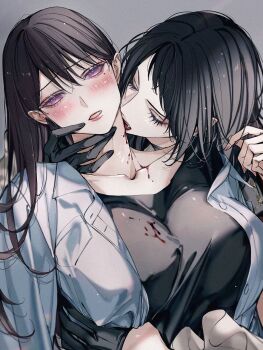 2girls bang_dream! bang_dream!_it&#039;s_mygo!!!!! black_gloves black_hair black_shirt blackfangs blood blood_on_neck blush breasts brown_hair closed_eyes commentary_request film_grain gloves grey_background hand_on_another&#039;s_neck highres large_breasts long_hair mole mole_under_eye multiple_girls parted_lips pointy_ears purple_eyes shiina_taki shirt simple_background vampire white_shirt yahata_umiri yuri