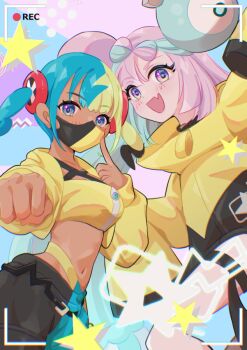 Rule 34 | 2girls, aqua hair, bandeau, black mask, blonde hair, blue eyes, blue hair, blush, bow-shaped hair, breasts, canari (pokemon), character hair ornament, commentary request, criss-cross straps, dark-skinned female, dark skin, fang, hair ornament, iono (pokemon), jacket, lightning bolt symbol, long hair, long sleeves, looking at viewer, mask, mega stone, mizuiro123, mouth mask, multicolored hair, multiple girls, navel, nintendo, open mouth, pants, pink hair, pokemon, pokemon legends: z-a, pokemon sv, recording, short twintails, skin fang, sleeves past fingers, sleeves past wrists, smile, split-color hair, sports bra, star (symbol), stomach, twintails, two-tone hair, two-tone mask, two-tone pants, yellow bandeau, yellow jacket, yellow mask, yellow sports bra