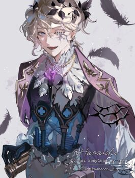 1boy bishounen black_feathers black_gloves blonde_hair blue_eyes chain chain_necklace falling_feathers fang feathers gloves gold_chain gold_trim half-closed_eye hanaochi_pic heterochromia highres hollow_body identity_v jacket jacket_on_shoulders jewelry laurel_crown looking_at_viewer luca_balsa luca_balsa_(fugue_for_dawn) male_focus necklace official_alternate_costume puffy_sleeves purple_jacket scar scar_on_face solo stitched_eye torn_clothes twitter_username upper_body watermark wavy_hair