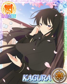 Rule 34 | 1girl, black capelet, black dress, black eyes, black hair, blue pupils, border, breasts, capelet, card (medium), character name, cherry blossoms, closed mouth, dress, flower-shaped pupils, game cg, hand on own face, kagura (senran kagura), large breasts, long hair, looking at viewer, official art, petals, senran kagura, senran kagura new wave, smile, solo, symbol-shaped pupils, third-party source, very long hair